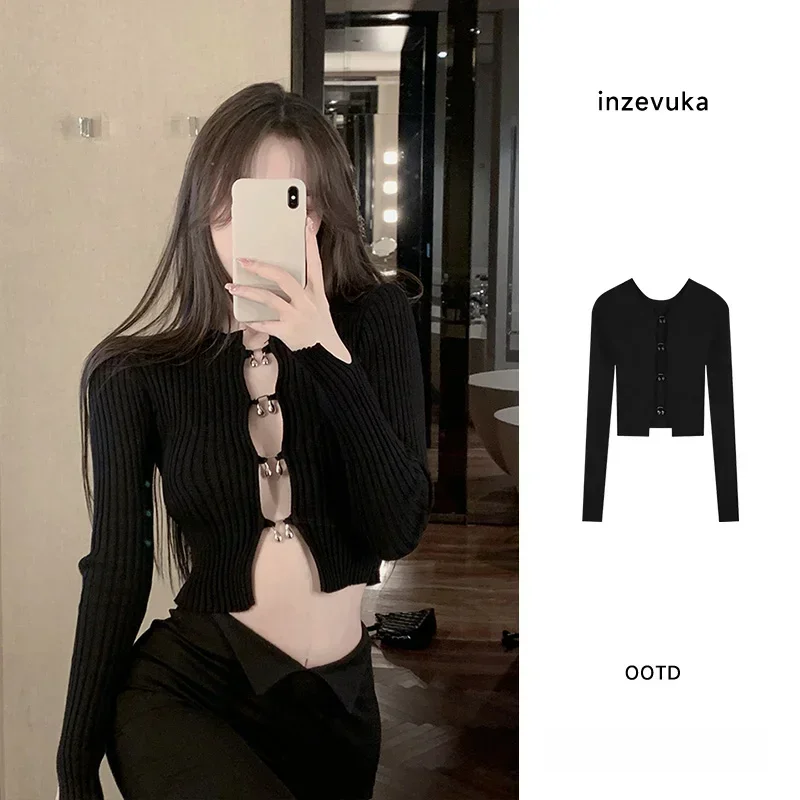 Knitted Sexy Long Sleeved Black Ice Silk Long sleeve Knit Women Autumn New  Slim fit Inner wear Gyaru Sexy Hollow Short Top