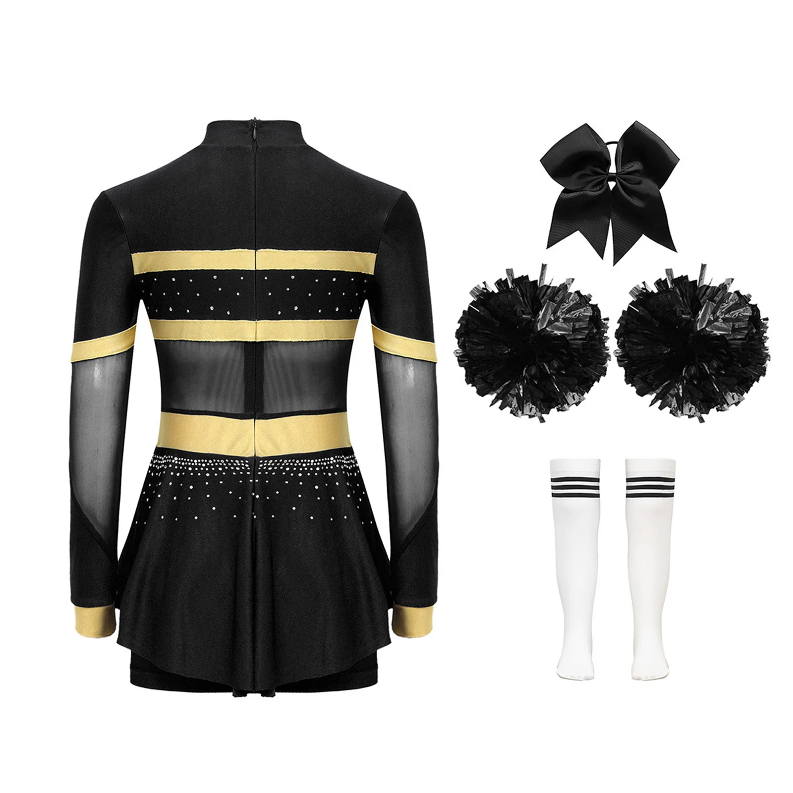 Cheerleader Costume for Girls Cheer Uniform Outfit Long Sleeve Diamonds Cheerleading Dance Dressand Pom Poms Stocking Hair Tie