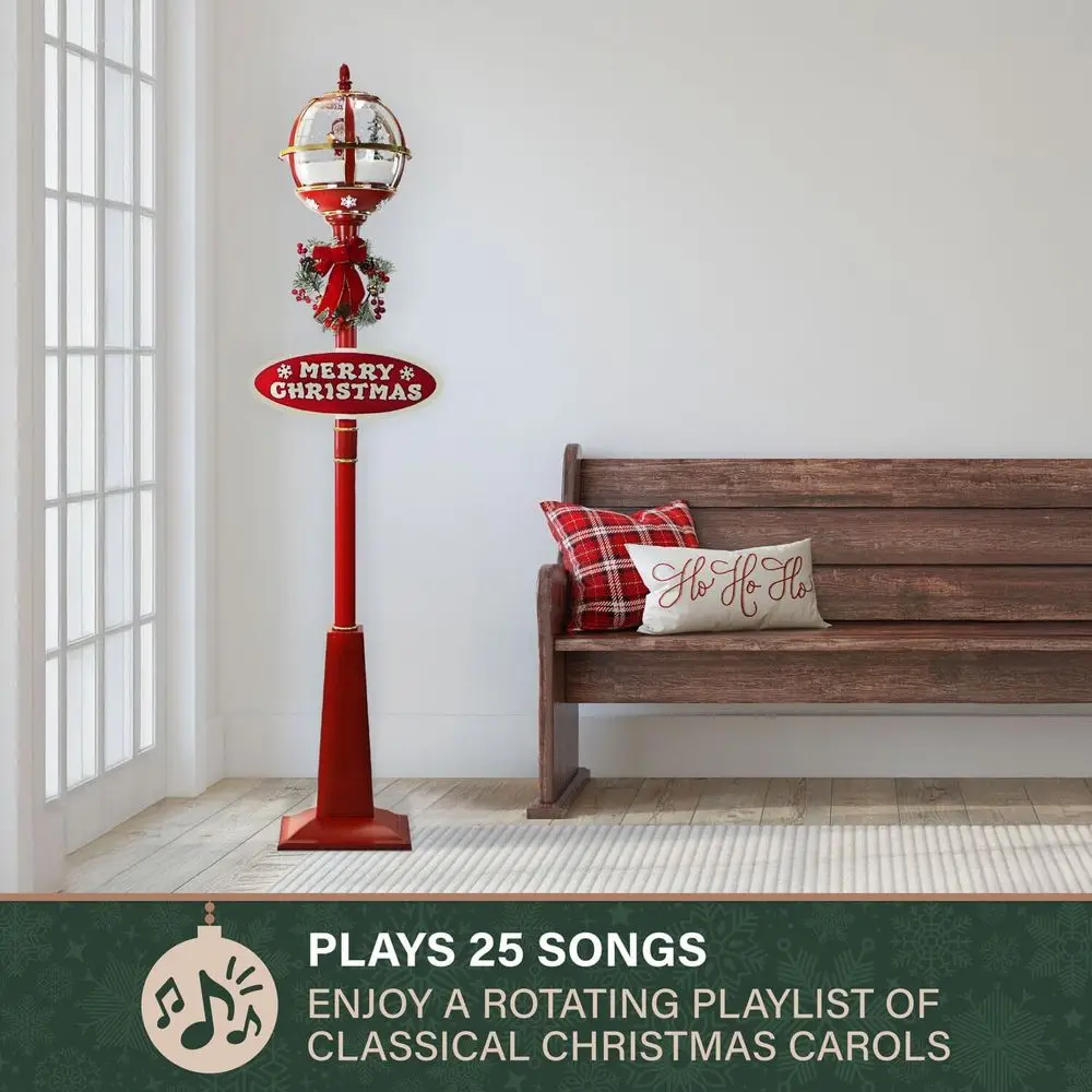 عمود مصباح سانتا كلوز سنو غلوب الأحمر مع موسيقى الثلج والكريسماس المتتالية، ديكور 69 طويلًا لغرفة المعيشة والبهو