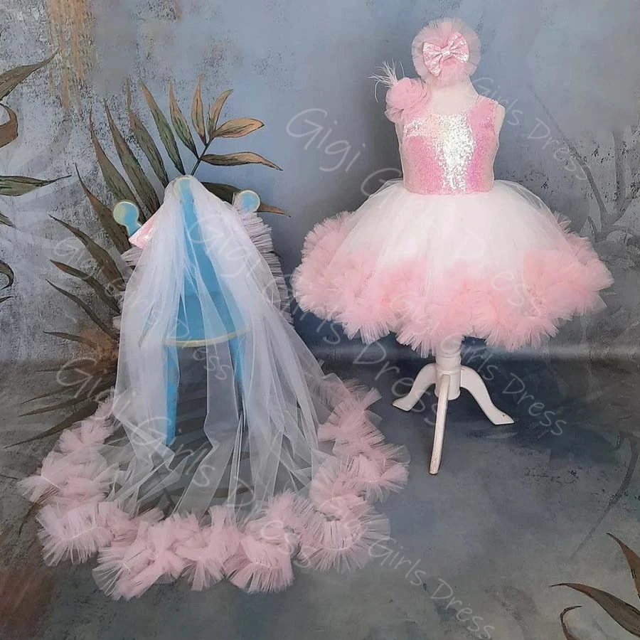 فستان فتاة الزهور الوردي لحفلات الزفاف للأطفال الصغار ترتر على شكل حرف V مع فيونكة خلفية وكشكشة من التول فستان عيد ميلاد الأميرة مع ذيل قابل للانفصال مخصص #1