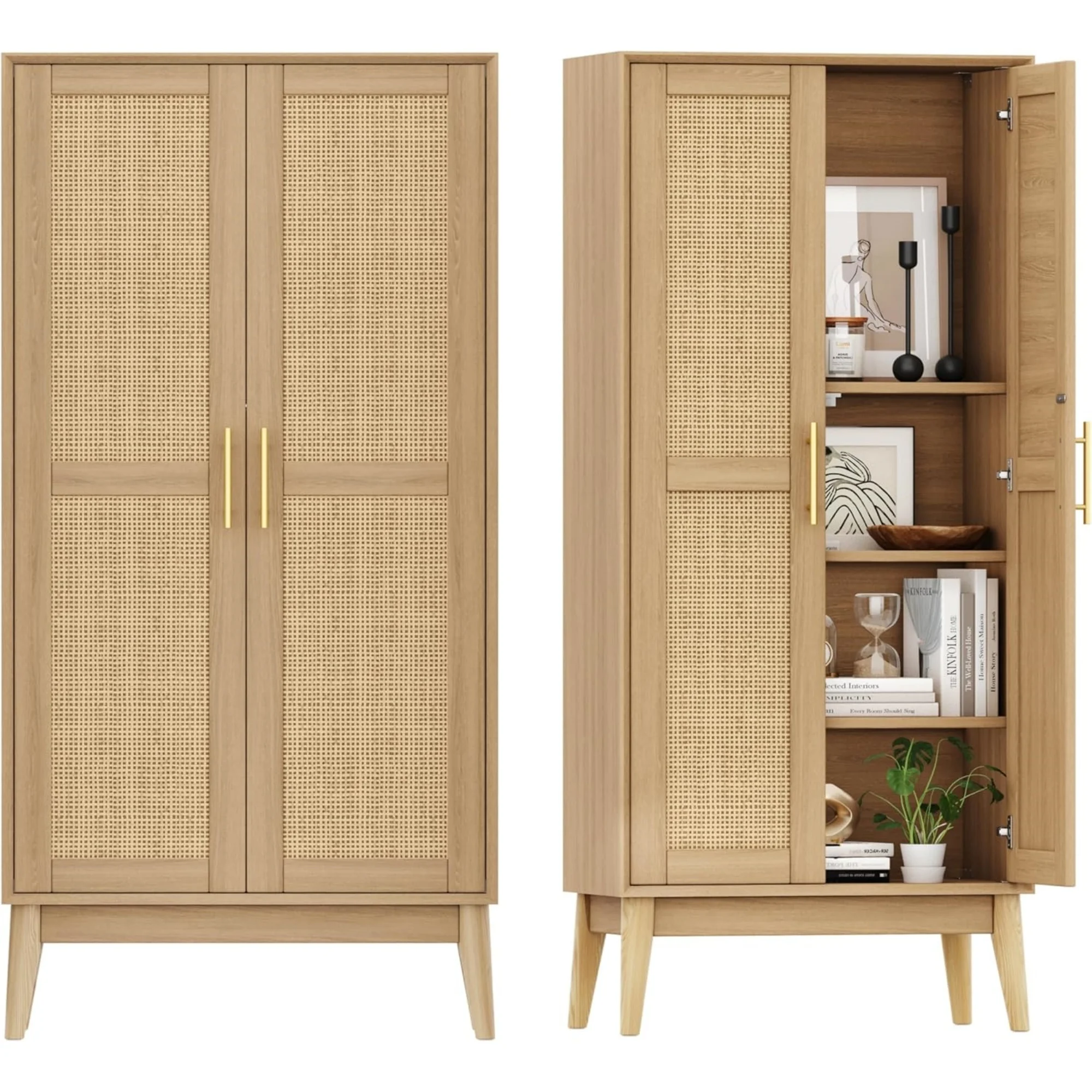 

55" Rattan Tall Storage Cabinet, Bathroom Floor Cabinet with 2 Doors, Adujustable Shelf and Solid Wood Legs, Cupboard, Kitchen Pantry for Living Room, Dining Room, Natural KES020MCWG