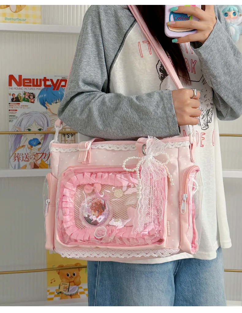 Neue Kawaii Leichte Umhängetasche Anime Transparente Ita-Tasche Damen Schulter-Crossbody-Tasche Modische Polka-Dot-Schleifen-Tragetasche – Detail 13