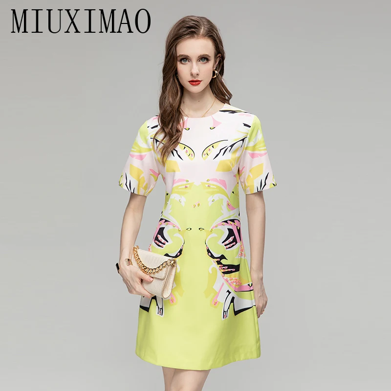 MIUXIMAO 2023 Fall Dress Newest Arrival Fashion Short Sleeve Slim Flower Diamonds Above Knee abstract Print Dress Women Vestido