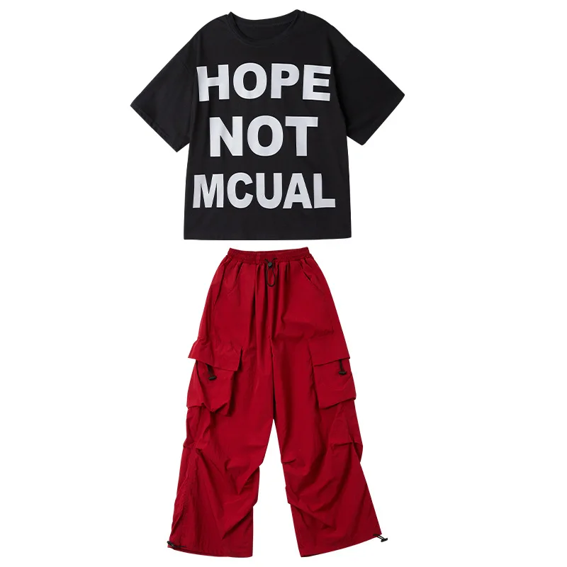 Kid Hip Hop Kleding Grafische Tee Letters T-shirt Casual Brede Zakken Cargo Jogger Broek voor Meisje Jongen Jazzdans Kostuum Kleding