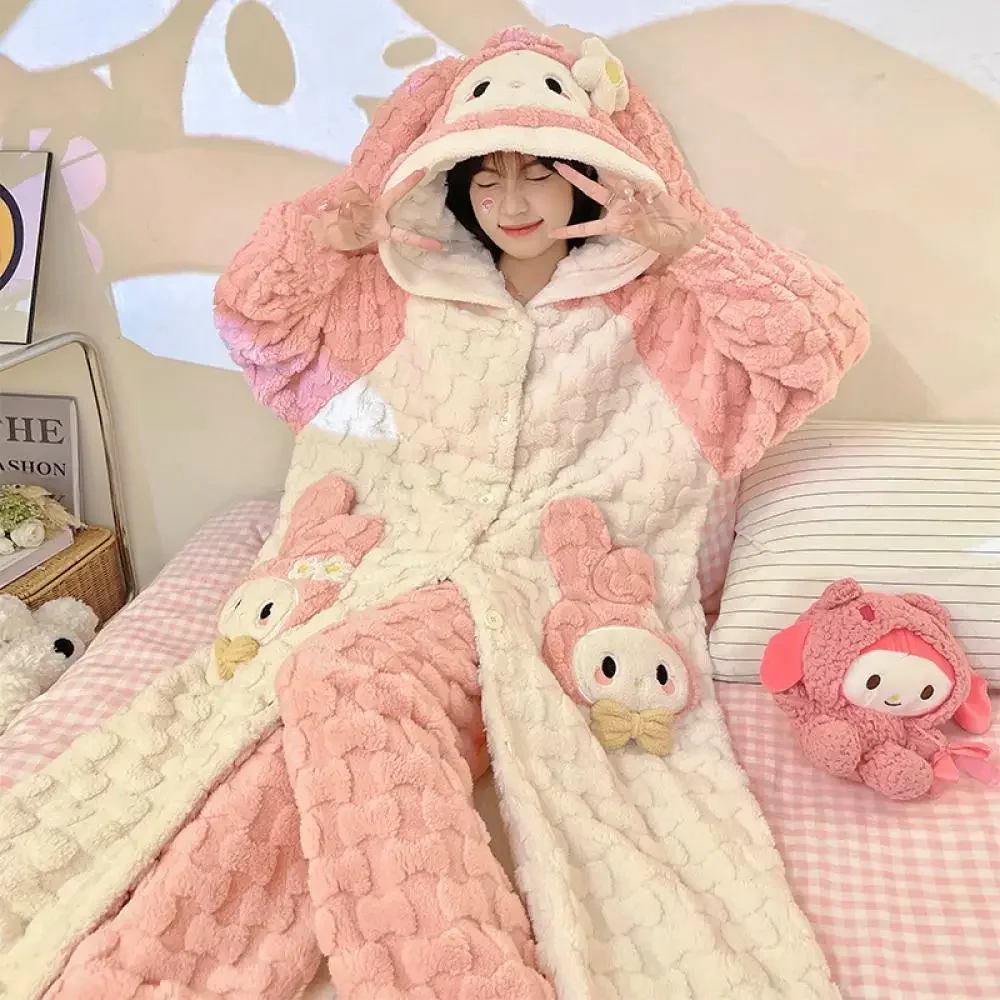 Kawaii Hello Kitty Kuromi Cinnamoroll 2Pcs Women's Plush Pajamas Robe Set Sanrioed Winter Cartoon Hooded Thickened Homewear Soft