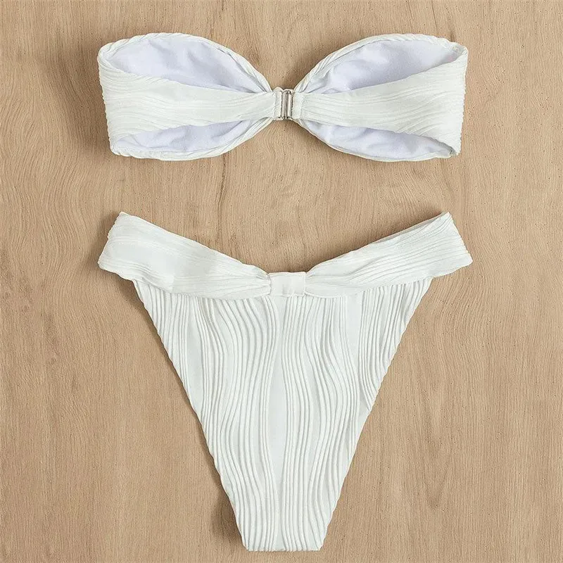 Blanco sólido texturizado trajes De baño Sexy Bandeau Bikinis conjuntos De Mujer 2025 Push Up traje De baño String Micro Tanga traje De baño Biquinis
