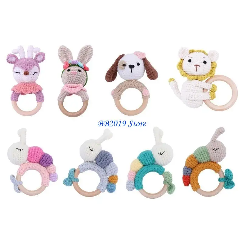 Q0KB Wooden Teething Ring Knitted Rattle Natural Baby Toy Newborn Educational Toy