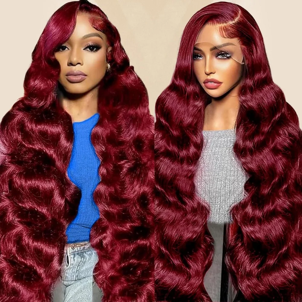 

44 46 Inch 99J Burgundy Human Hair Wigs Red Colored 200 Density Preplucked Prebleached 13x4 13x6 HD Lace Frontal Wigs For Women