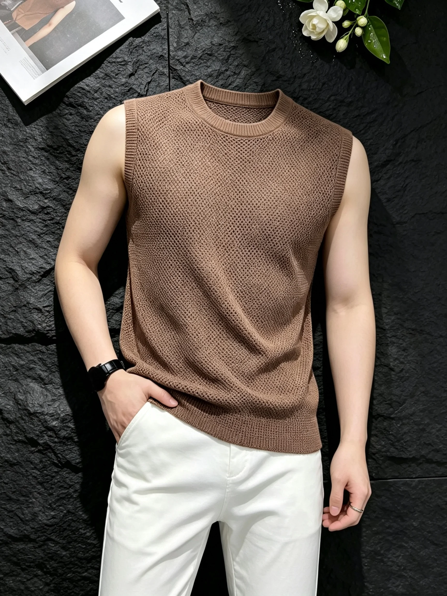 Men's Breathable Knitted Vest Summer American Retro Dragon Scale Pattern Fitness Sport Sleeveless T-Shirt Standard Fit Casual...