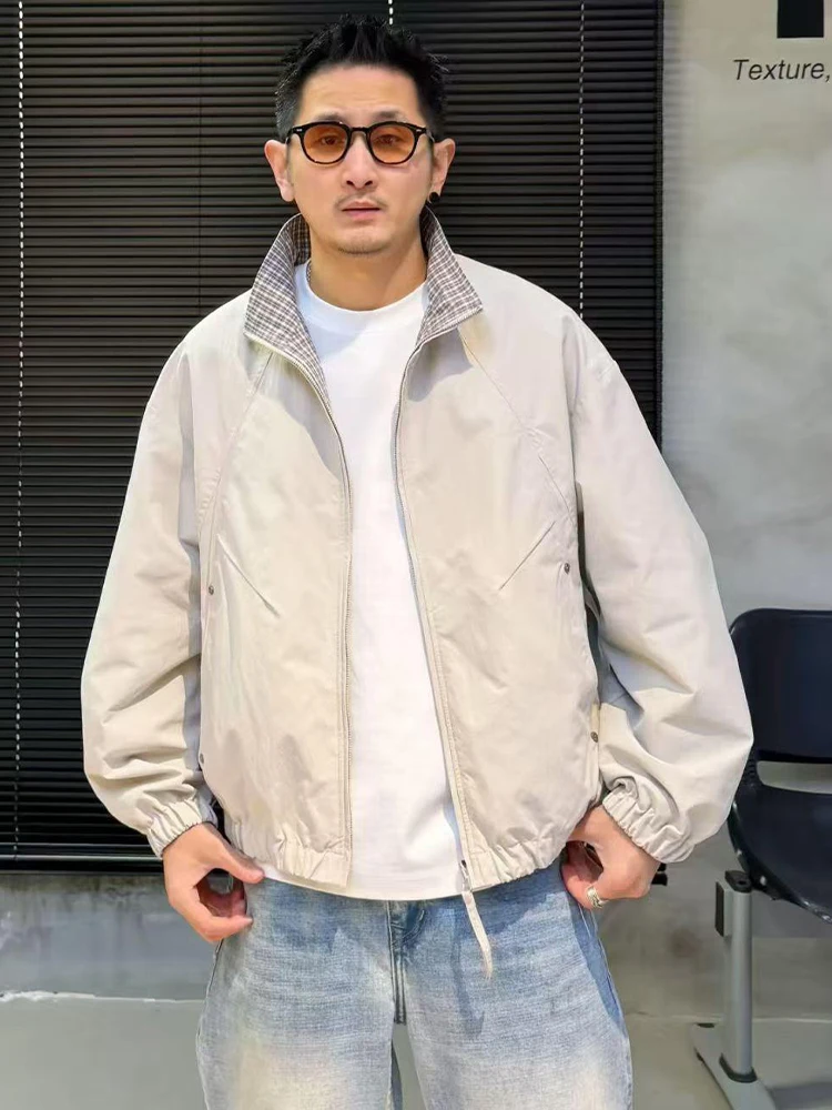 Double-Sided Wear Men's Jacket Loose Fit Stand Collar Plaid Design Casual Style Windproof Spring New Fashion Outerwear