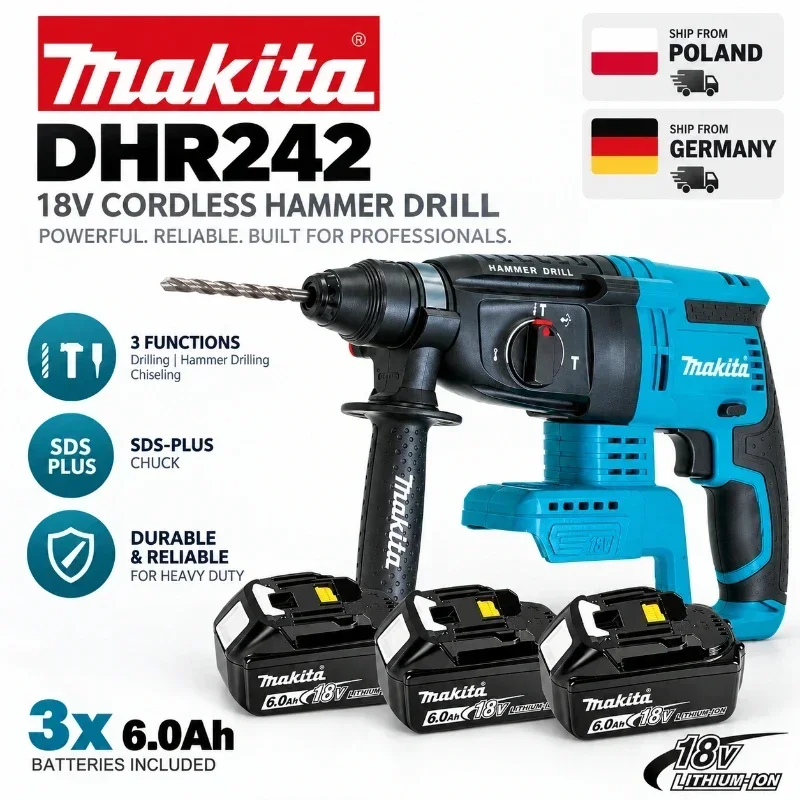 Makita DHR242 18V LXT Brushless Rotary Hammer Drill 24mm, SDS Plus Cordless Concrete Power Tool 4700 IPM 2.0J 3 Modes, Compatible with BL1860B BL1850B BL1815 Batteries, EU Stock Fast Delivery