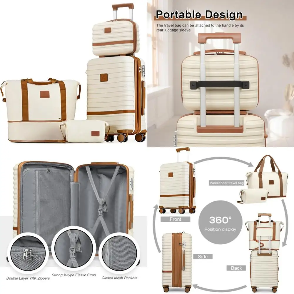 

Расширяемый 20-дюймовый чемодан-спиннер, набор чемоданов из 4 предметов с твердым корпусом и замком TSA, бело-коричневый цвет
