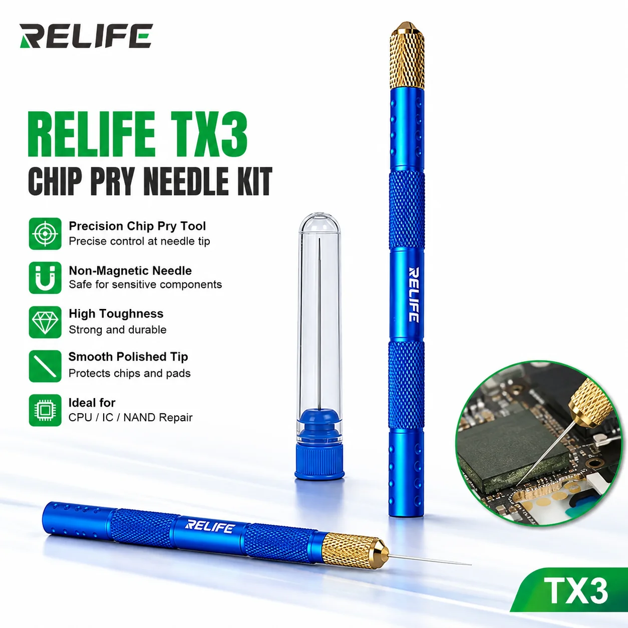 RELIFE TX3 Precision IC Chip Lifting Needle Repair Tool Non-Magnetic CPU NAND BGA Pry Pen