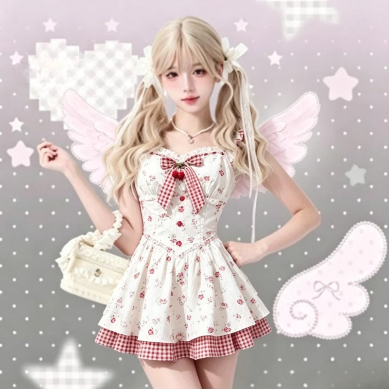 Koreanisches süßes Bogen-Spitzen-Blumenkleid für Damen, Minirock, Sommerkleidung, Taille, schmale Passform, ärmellos, Prinzessin, geschwollen, 2025, modischer Chic