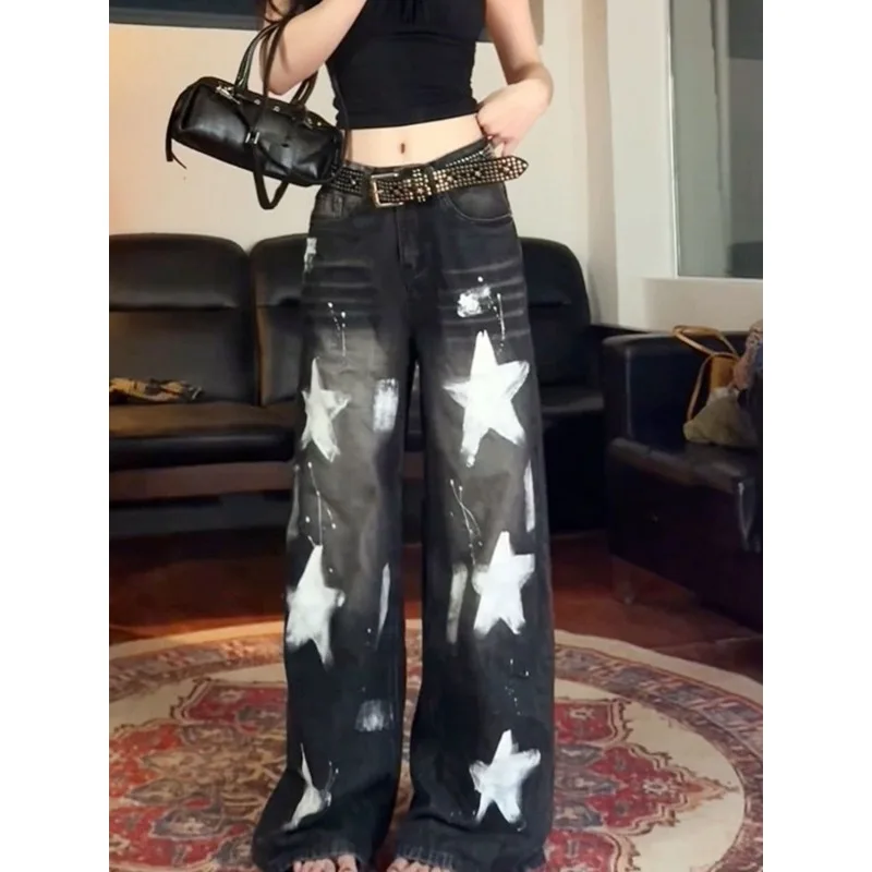 Wide-leg Trousers Denim Jeans Women's Autumn American Style Five-pointed Star Graffiti Print High-waisted Flattering Silhouette