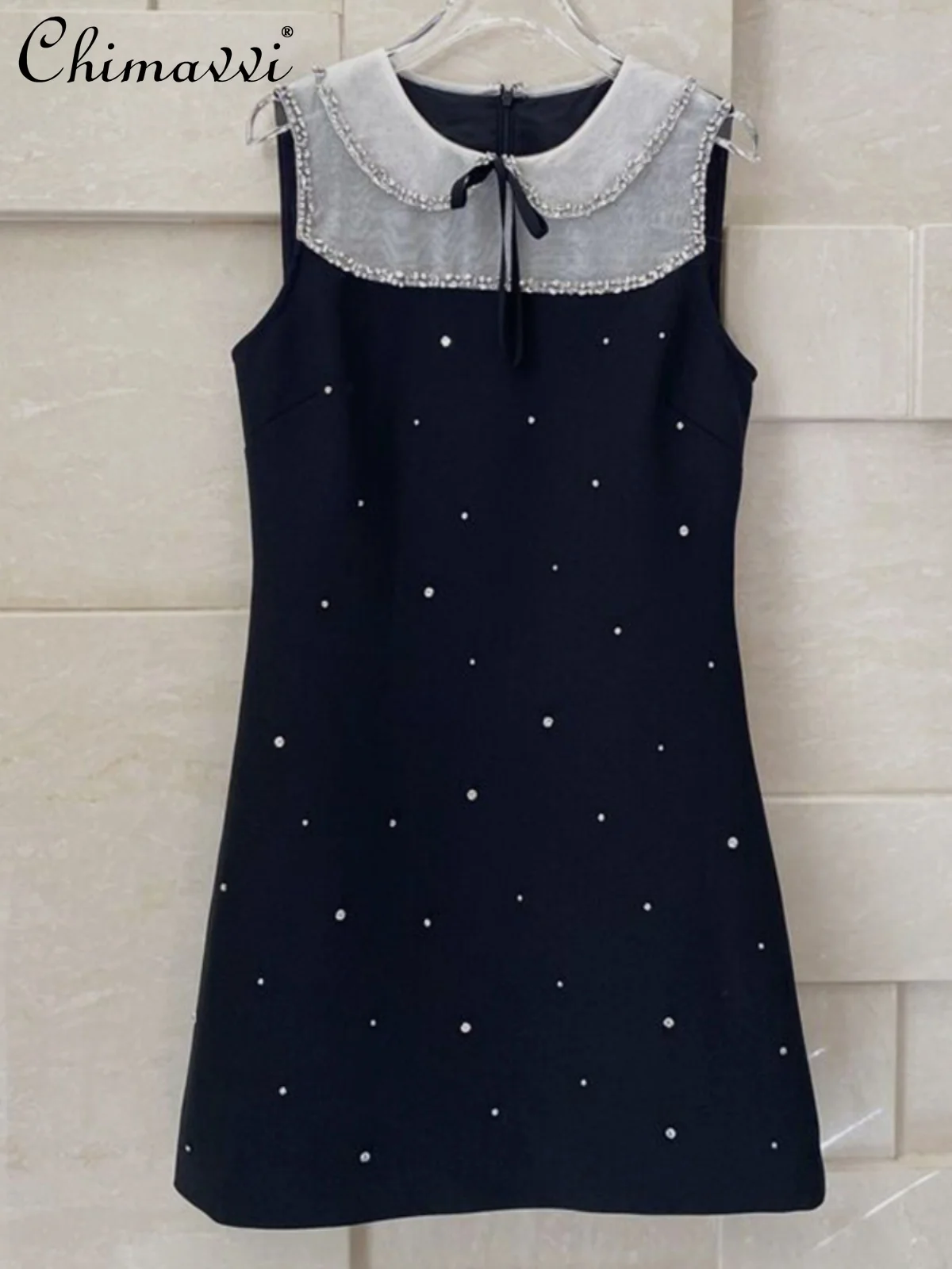 

Exquisite Rhinestone Beaded Dress for Women 2024 Autumn New Girl Doll Collar Bow Slimming Temperament Black Above Knee Dresses