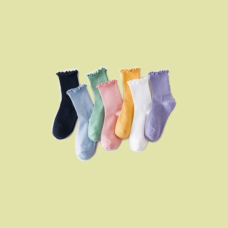 

7/14 Pairs Comfort Breathable Mid Tube Socks Women's Casual Sock Solid Color Lace Tulip Embroidery Women's Cotton Socks