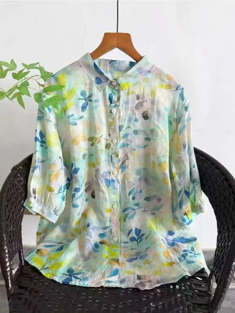 Women's Blue Tropical Leaf Floral Print 100% Ramie Linen Button Down Shirt Turn Down Collar 3/4 Sleeve Loose Fit Boho Blouse