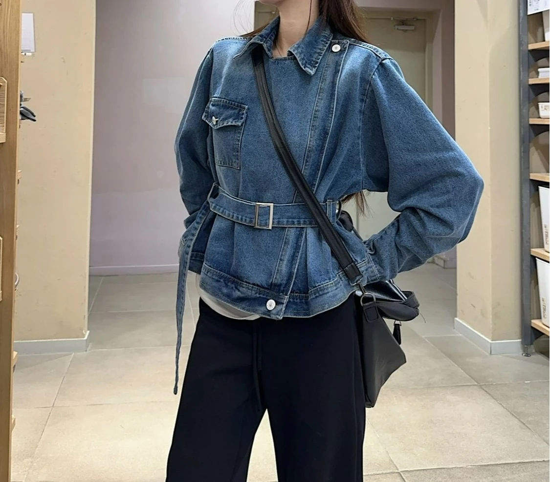 Vintage Tooling Denim Jacket 2026 Spring Lace-Up Waist Lapel Jacket Top