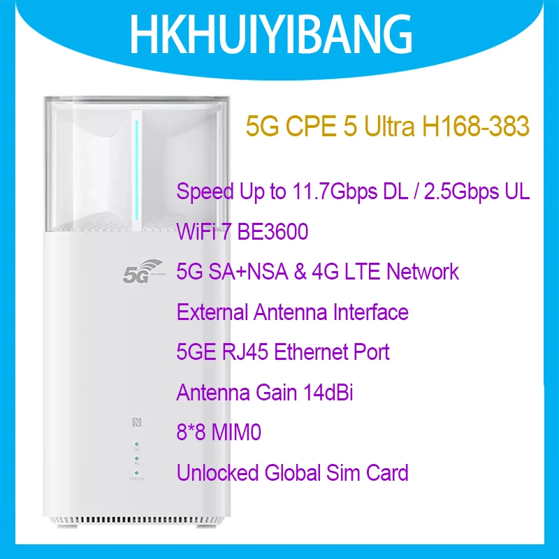 

Brovi 5G CPE 5 Ultra H168-383 WiFi 7 BE3600 Router 5GE Port Dual Bands 11.7Gbps 5G NR 4G LTE Sim Card Wireless Modem 8x8 MIMO