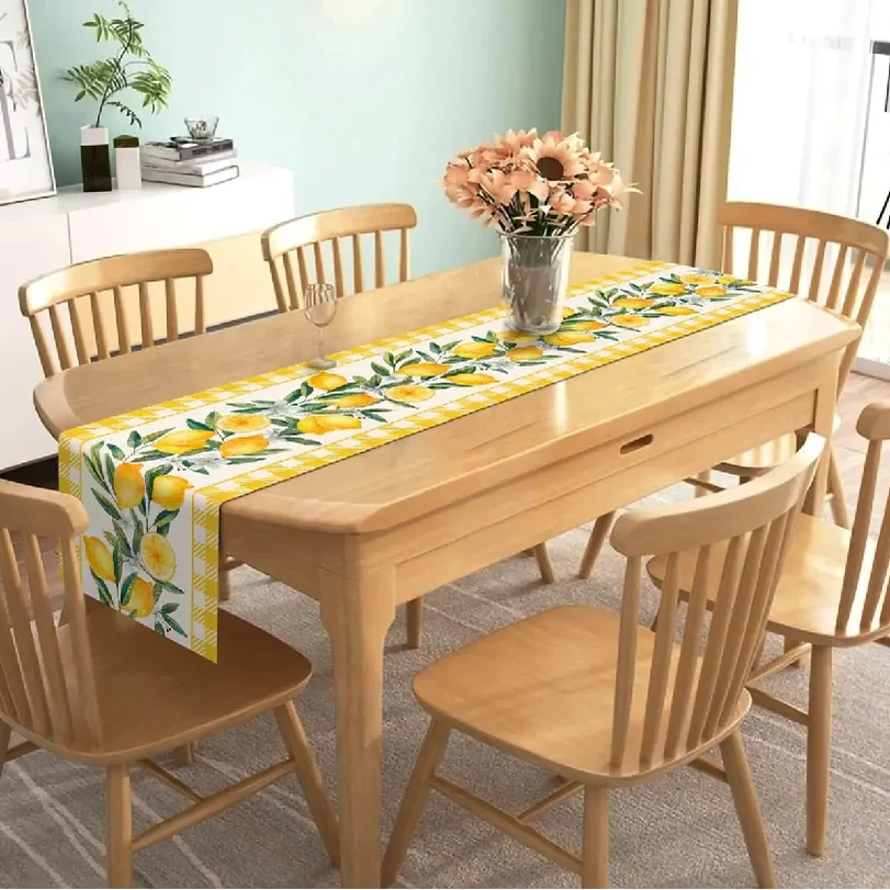 Summer Lemon Table Runner - 1PC Yellow White Buffalo Check Plaid Fresh Fruit Farmhouse Pattern Dining Cover