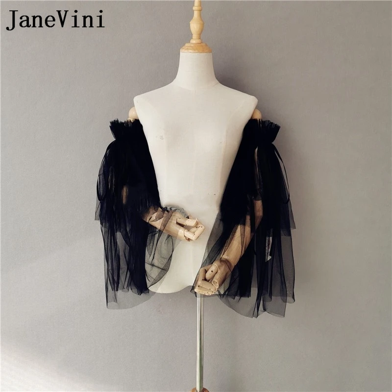 JaneVini-Bolero de malla de tul negro para novia, chaqueta de boda desmontable hacia arriba y hacia abajo para vestido de novia, envolturas de Chal