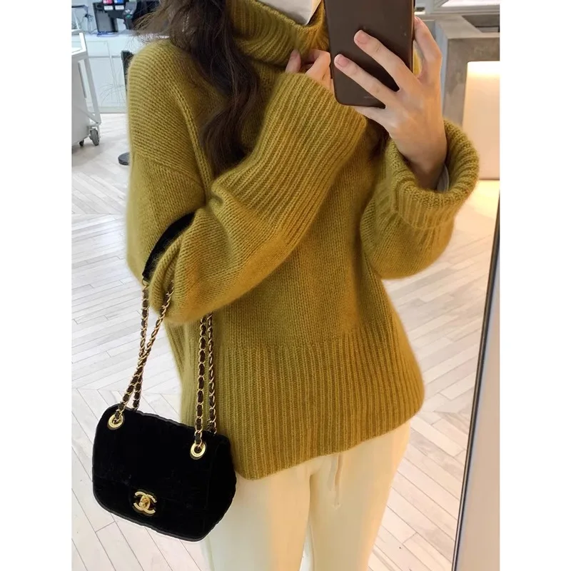 Women's high-collar thick 100% pure cashmere sweater, loose and lazy style, European winter and autumn high-end base layer wool