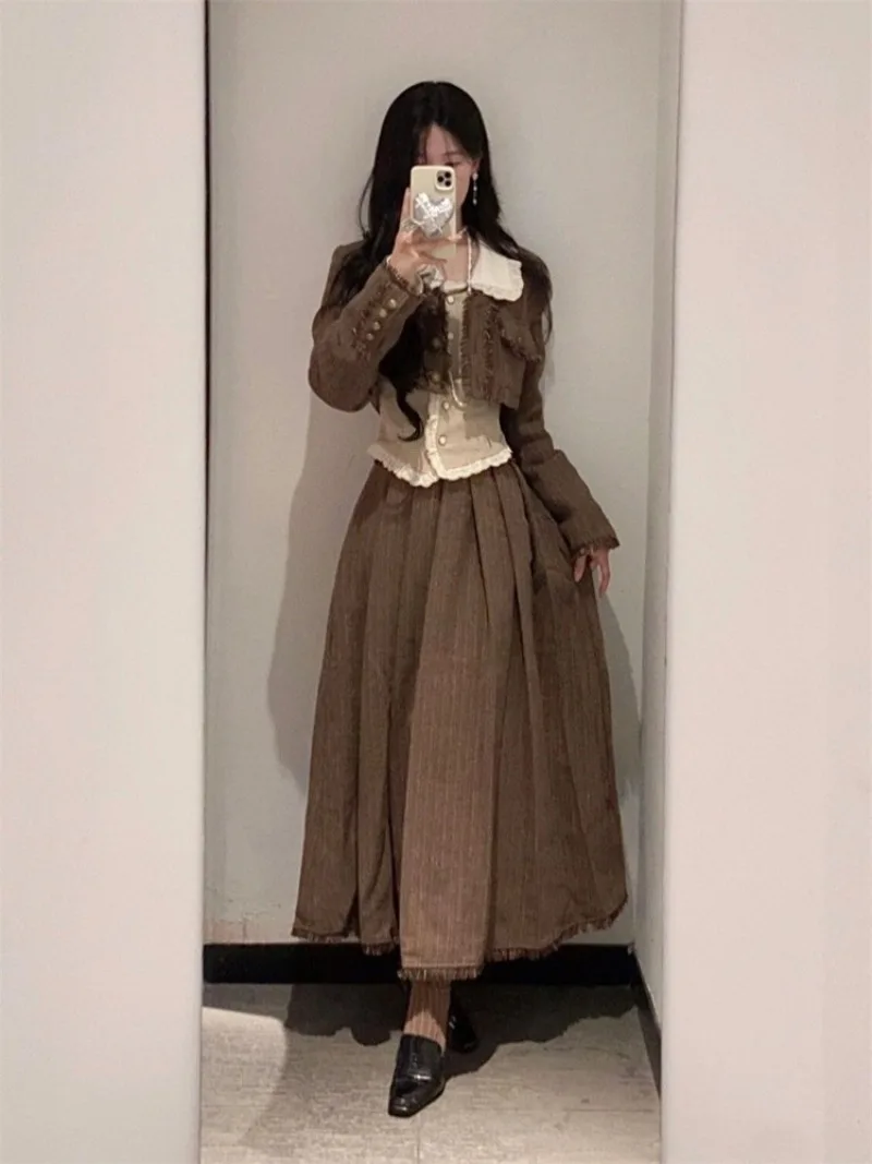 Y2k Vintage Sweet Long Sleeve Coat Women+ Lapel Neck Slim Fit Blouses+ High Waist Ruched Skirts Spring New Three Piece Sets