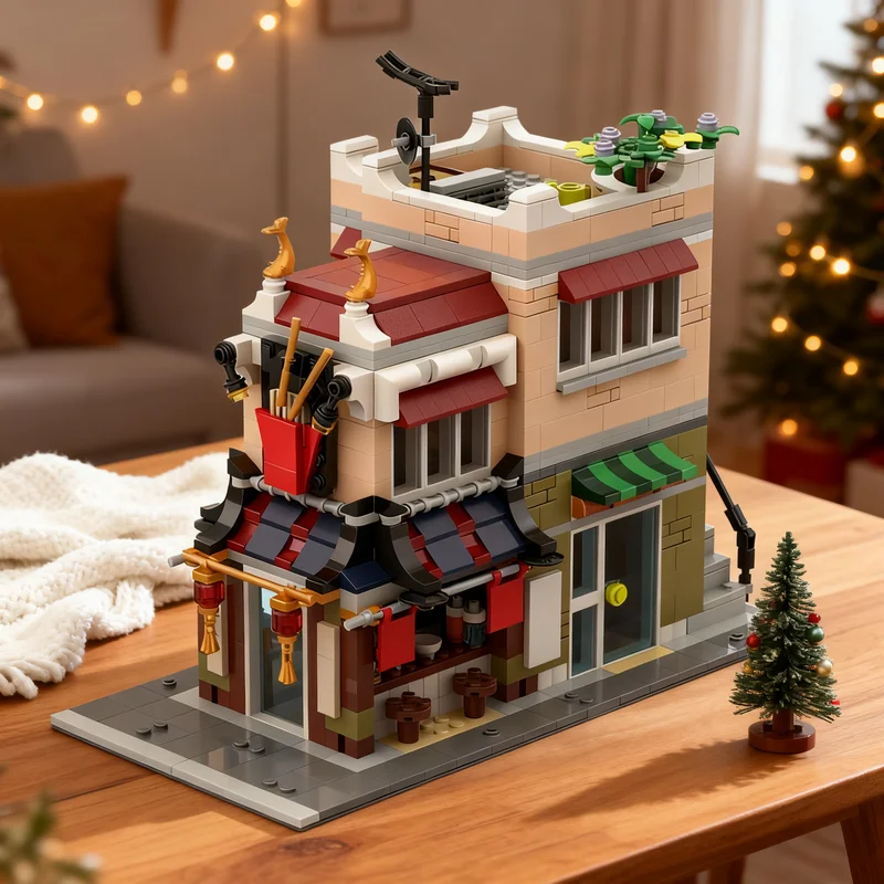 1028pcs MOC Modular Buildings Downtown Noodle Shop Rework Model Building Blocks Christmas Gift Craft Creative Birthday Display