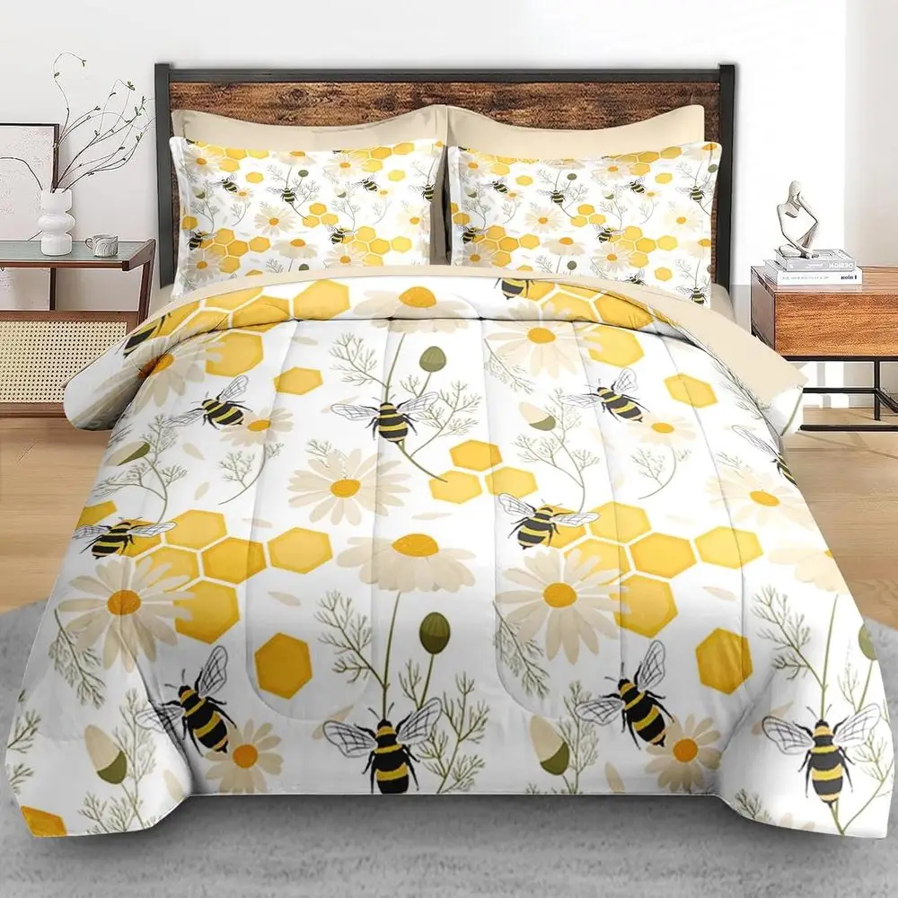 Queen Size Bee & Flower 7-Piece Comforter Set: Spring Floral Bedding for Kids & Adults with Sheets & Pillowcases