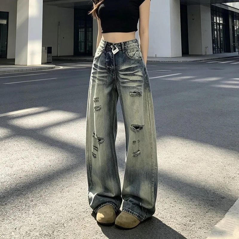 Retro American Style Distressed Denim Jeans Women's Loose Wide Leg Long Trousers Fashionable Spring New Design Sensation