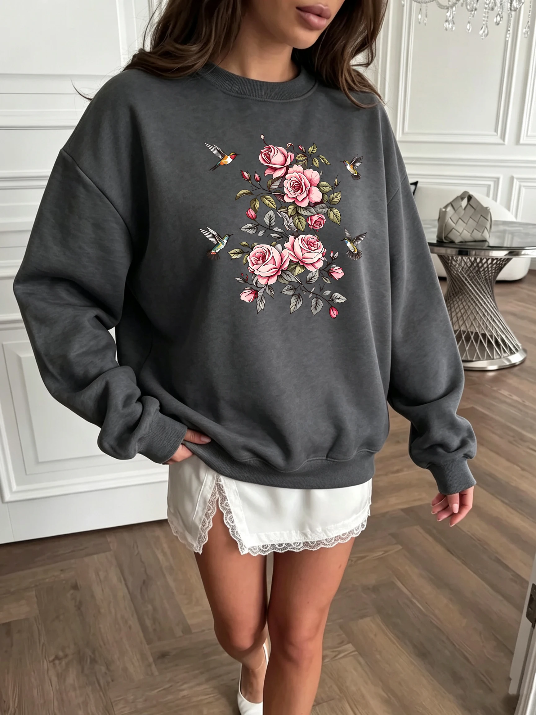 Rosa Rosen-Kolibri-Blumenmuster, Damen-Pullover mit Rundhalsausschnitt, Y2K-Sport-Sweatshirt, Herbst, lockere Kleidung, Fleece, Jogging, Streetwear – Detail 13