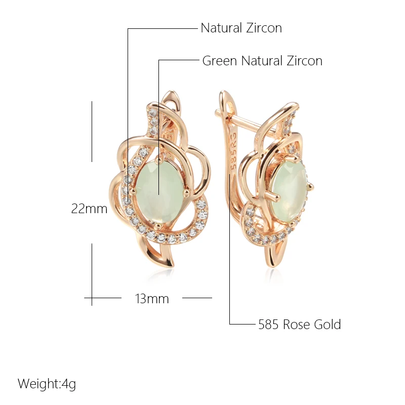 Kinel New Emerald Oval Cut Zircon Earrings 585 Rose Gold Color Clip Earring Inlay Natural Zircon Crystal Flower Party Jewelry