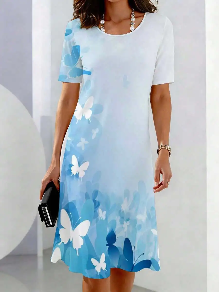 

Womens Casual Blue White Butterfly Print Short Sleeve Crew Neck Dress For Leisure