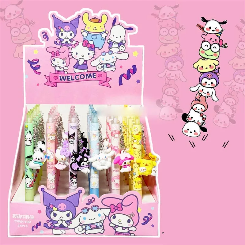 24pcs/lot Sanrio Kawaii Kuromi Melody Pendant Gel Pen Cute 0.5mm Black Ink Neutral Pens Promotional Gift Office School Supplies