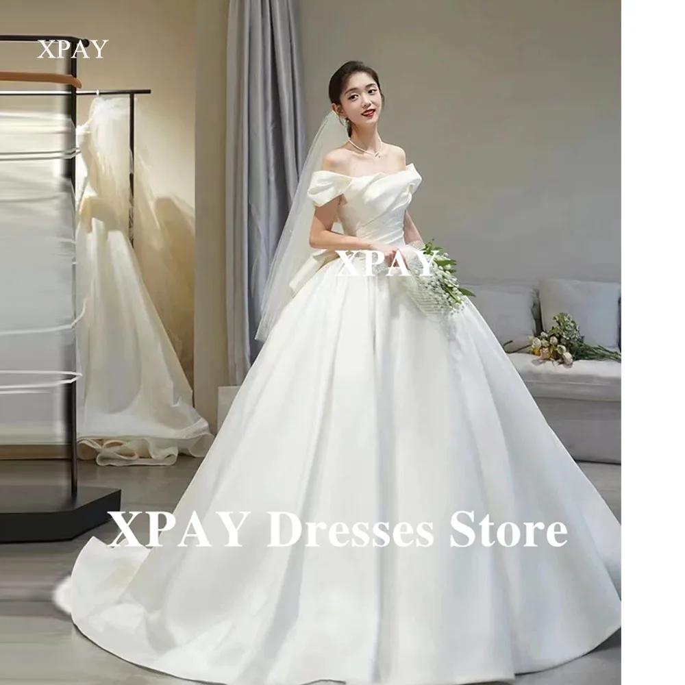 

XPAY Off Shoulder Princess Wedding Dresses Photo shoot Pleats Draped Satin Bridal Gowns Korea Long Bride Dress Customized Corset