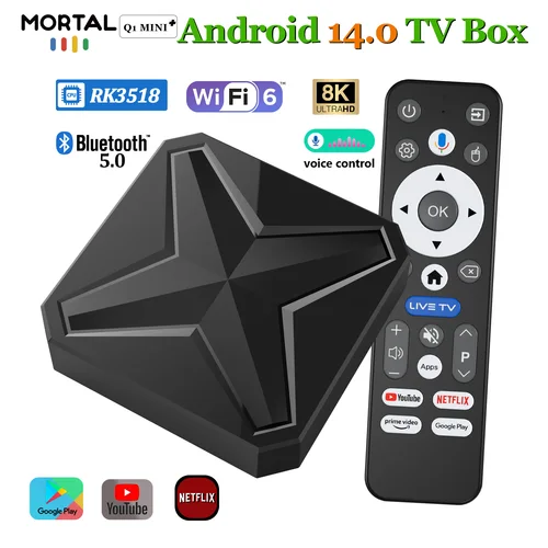 Decodificador de TV Android 14 de cuatro núcleos RK3518 con Wifi de doble banda 2.4G 5G Wifi6 BT HD 100M Lan ROM 16GB RAM 2GB Interfaz de usuario dual Decodificador de TV
