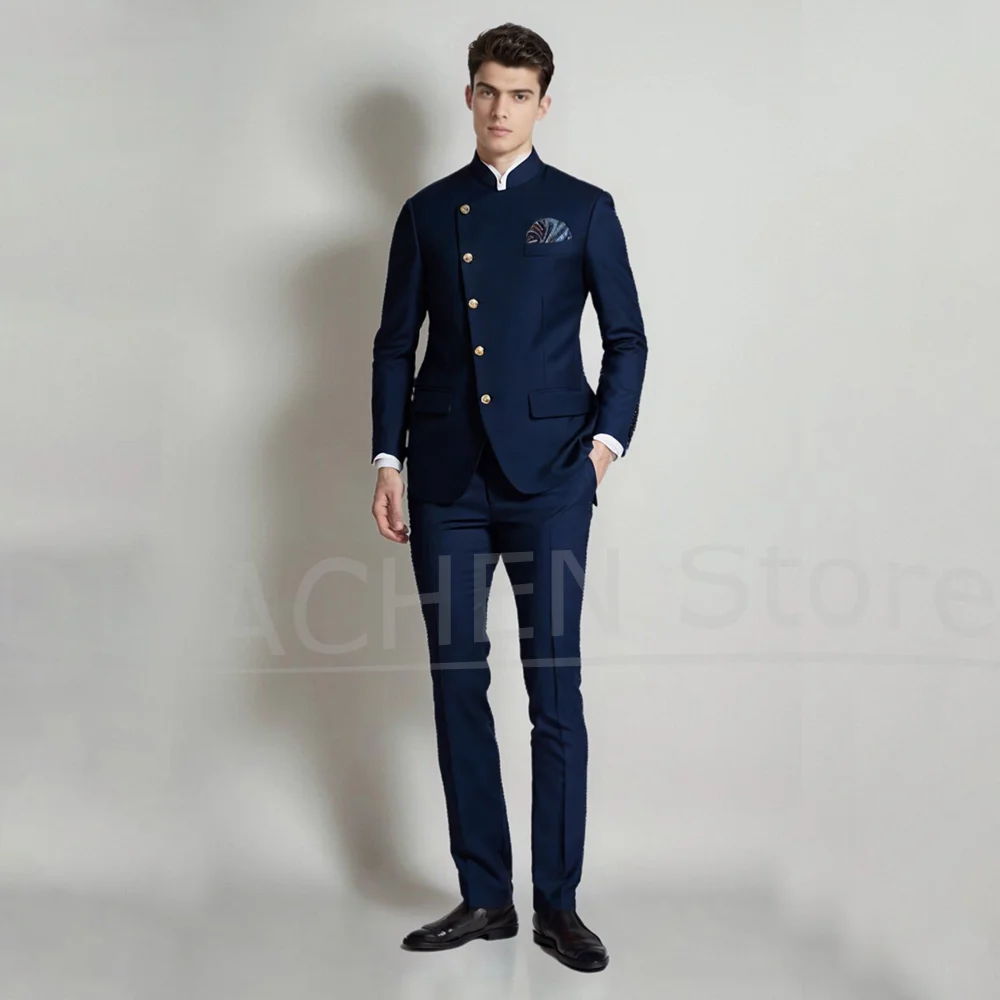 

Men's Mandarin Collar Suit Set Fashion Single Breasted Solid Color Wear Chic Business Wedding Party Tuxedo (Blazer+Pants)