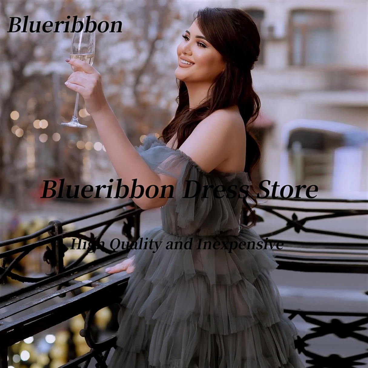 Blueribbon المتدرج تول فساتين لحضور الحفلات الموسيقية مخصصة قبالة الكتف حفلة تنكرية مأدبة ثوب للنساء الدانتيل حتى الظهر مساء اللباس #3