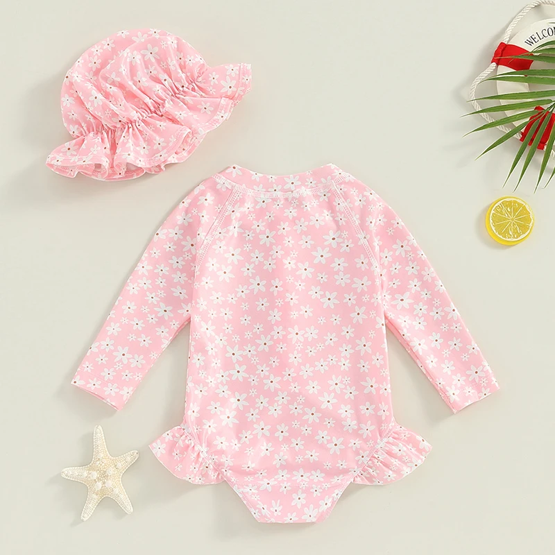 6M-3T Toddler Rash Guard Swimsuit Jumpsuit Long Sleeved Floral Print Baby Ruffled Edge Swimsuit With Swim Cap