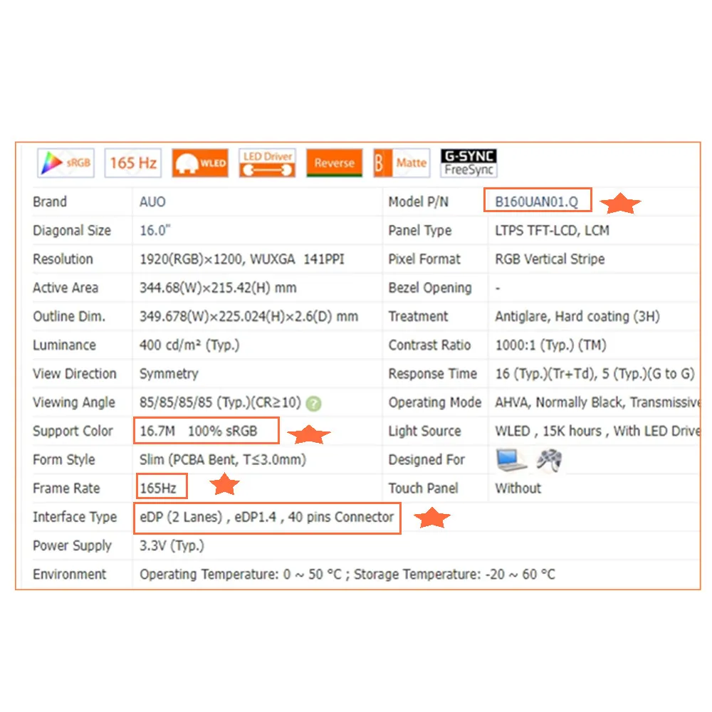 Original LCD Matrix B160UAN01.Q 16.0" 165HZ SLIM WUXGA 16:10 1920x1200 40PINS 100%SRGB LED LCD Screen IPS Laptop Display Panel