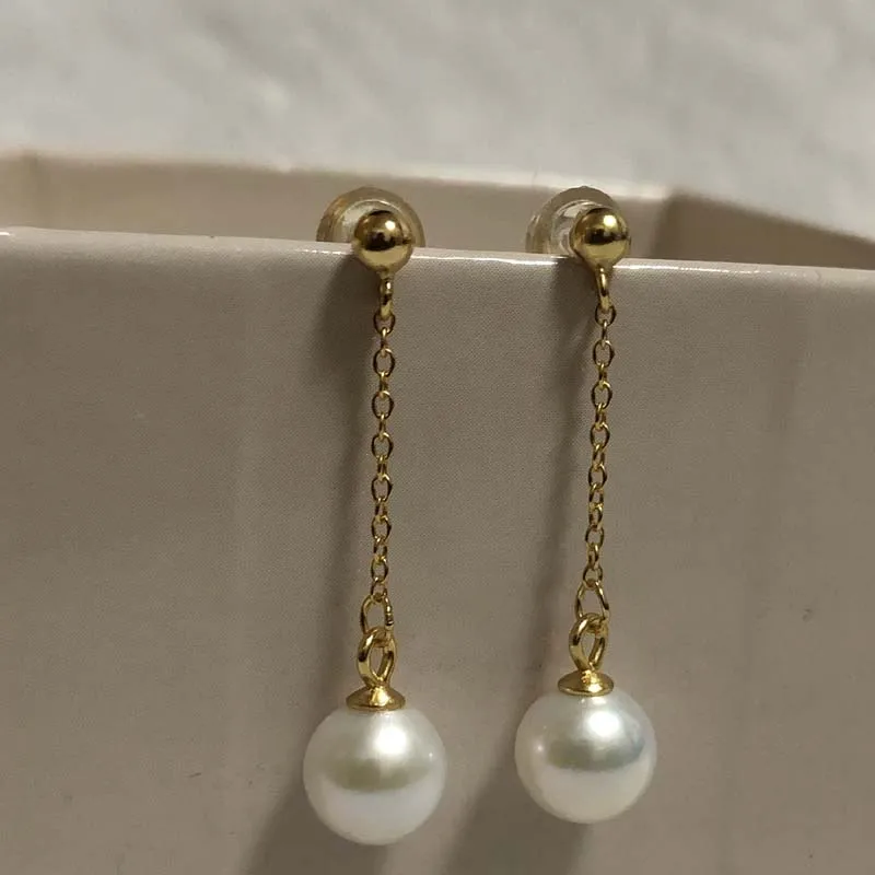 

ELEISPL JEWELRY Lots 5 Pairs 7-8mm Round FW Pearl Dangle Earrings Gold Chain #2300132－1