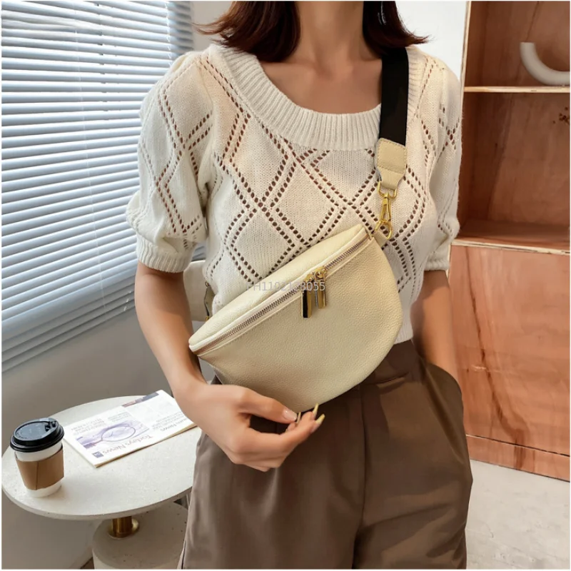 Vintage Fanny Pack Luxury Woman Banana Waist Bag Wide Shoulder Strap Crossbody Chest Bag Soft Leather Designer Sac Banane Femme