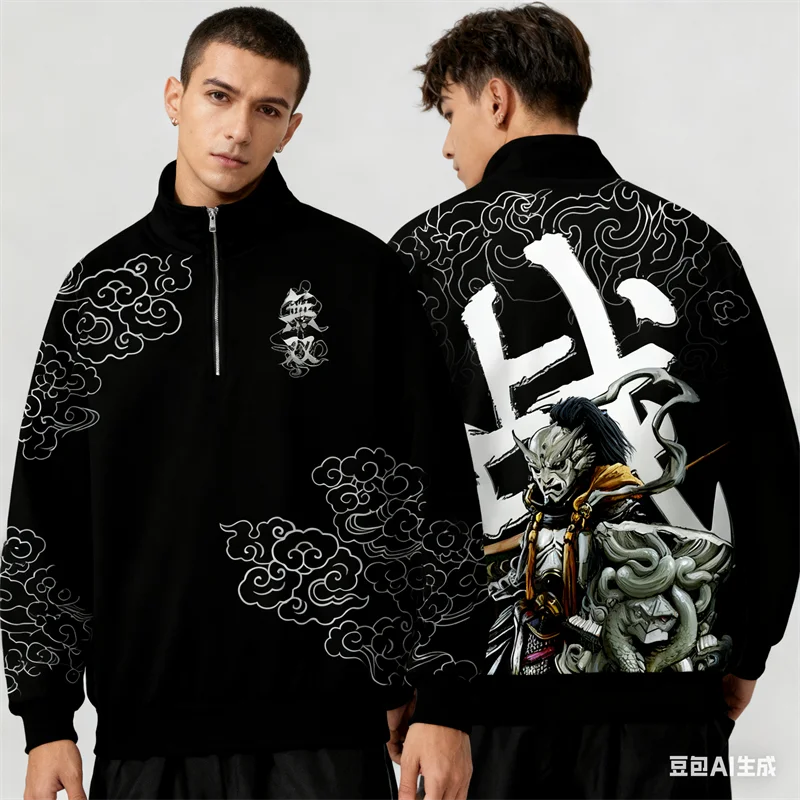 

Samurai Culture Men's Half-Zip Stand Collar Shirt 3D Printed Fashion Harajuku Oversized Casual Men Long Sleeve Pullover Clothing