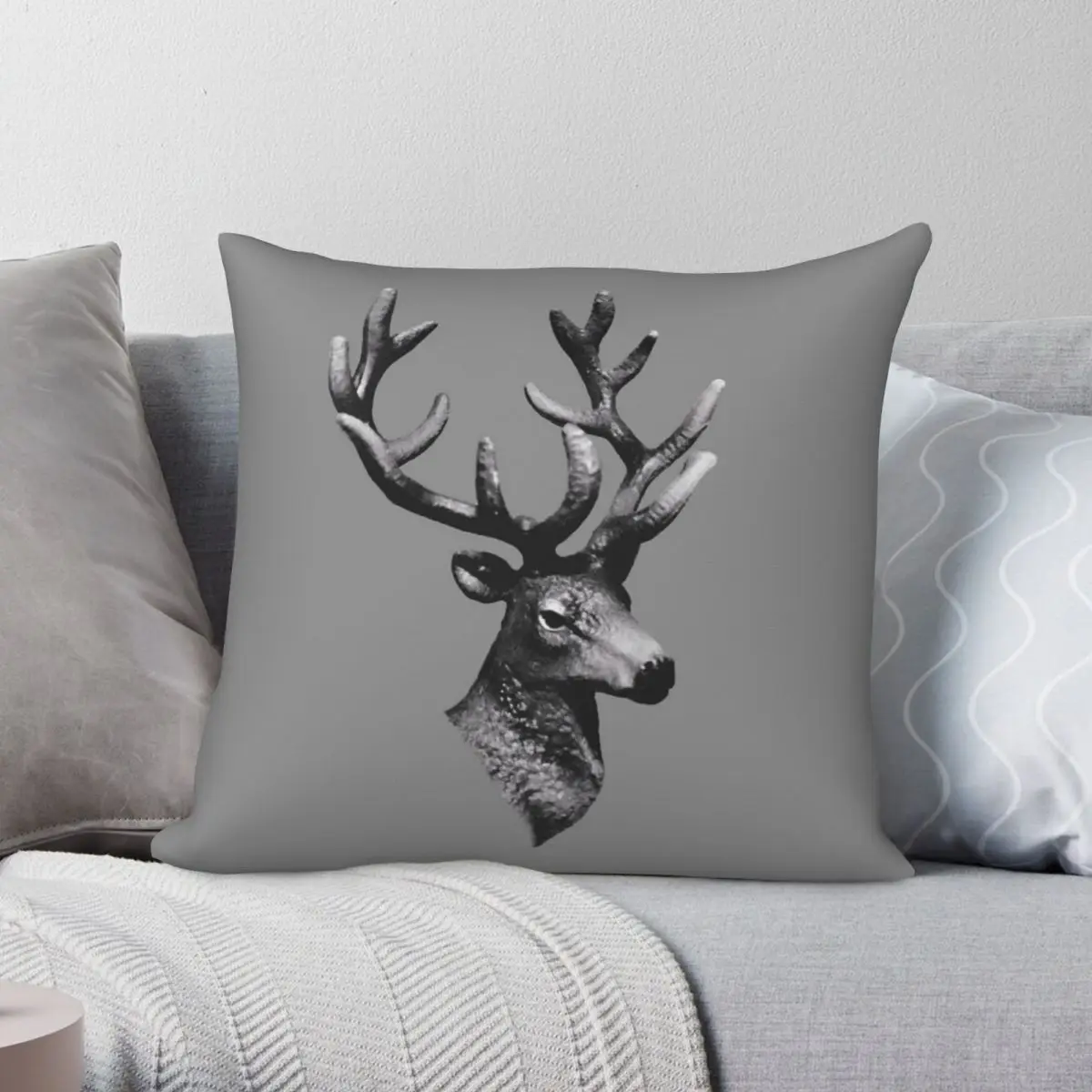 

Grey Stag Head Pillowcase Polyester Linen Velvet Printed Zip Decor Pillow Case Bed Cushion Cover
