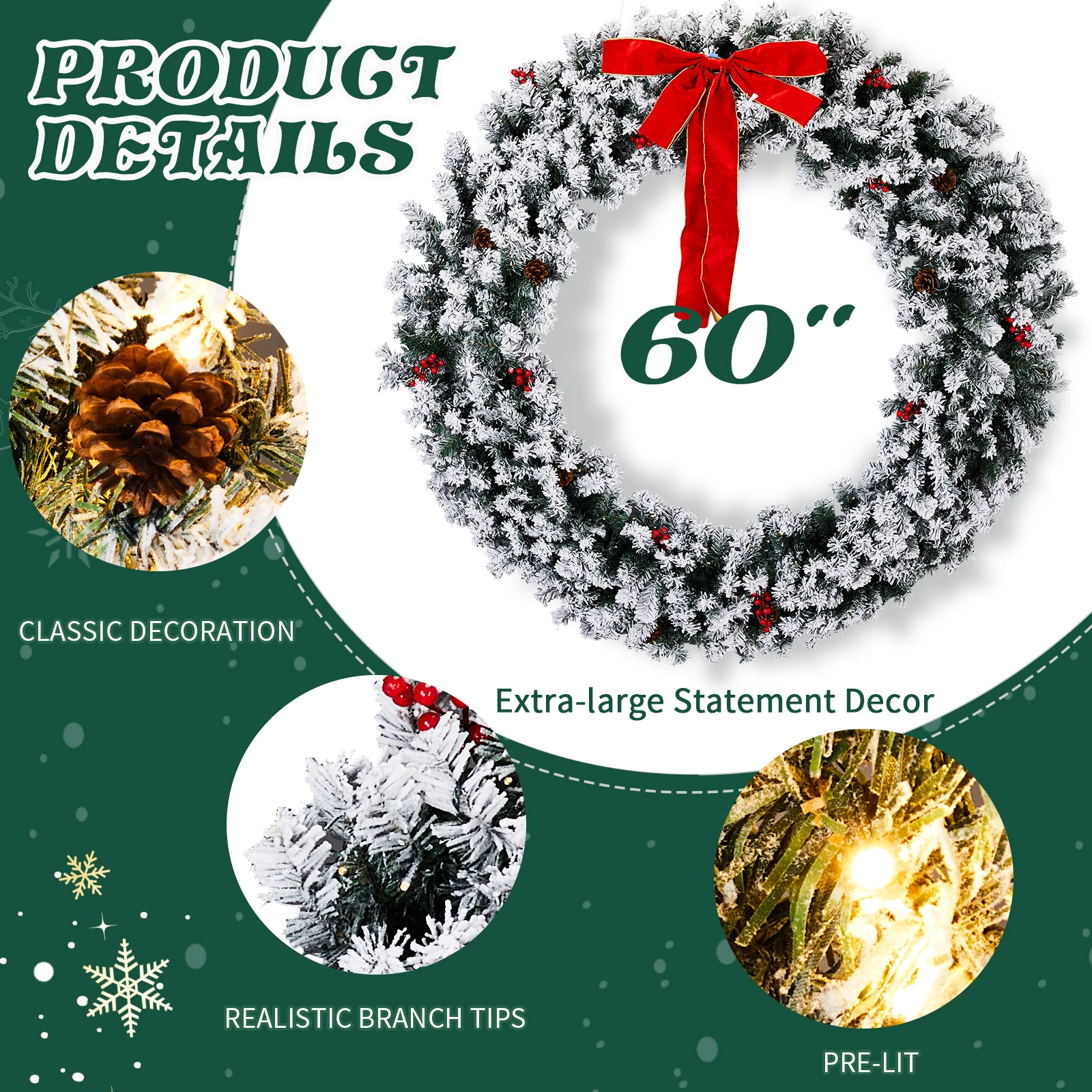 

60in Pre-lit Snow Flocked Christmas Wreath, Lighted Artificial Xmas Wreath with 220 Warm White Lights and 600 PVC Tips and DIY O