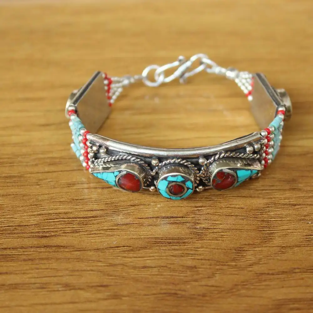 BR484 Vintage Tibetan Copper Inlaid Colorful Stone 16mm Wide Beaded Charm Bracelet For Women