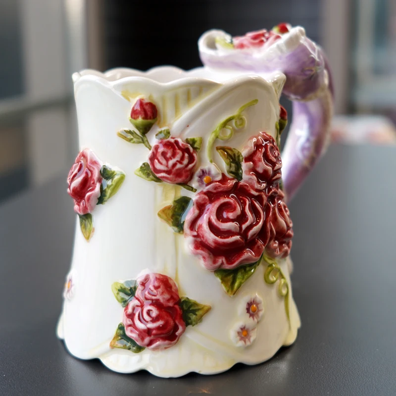 

European Ceramic Latte Pot Underglaze Painted Coffee Cup Relief Rose Tea Kettle Exquisite Beautiful Afternoon Tea Set Home Decor