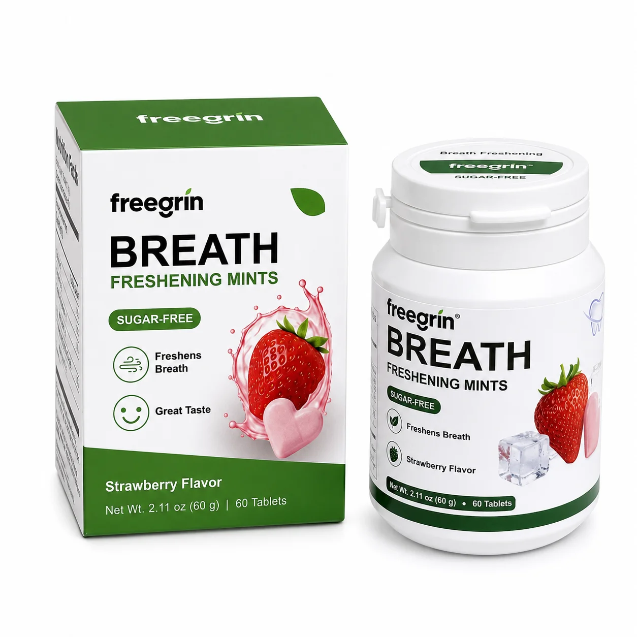 60 Count Sugar-Free Strawberry Breath Mints with Xylitol & Erythritol, Portable Fresh Breath Tablets for Travel