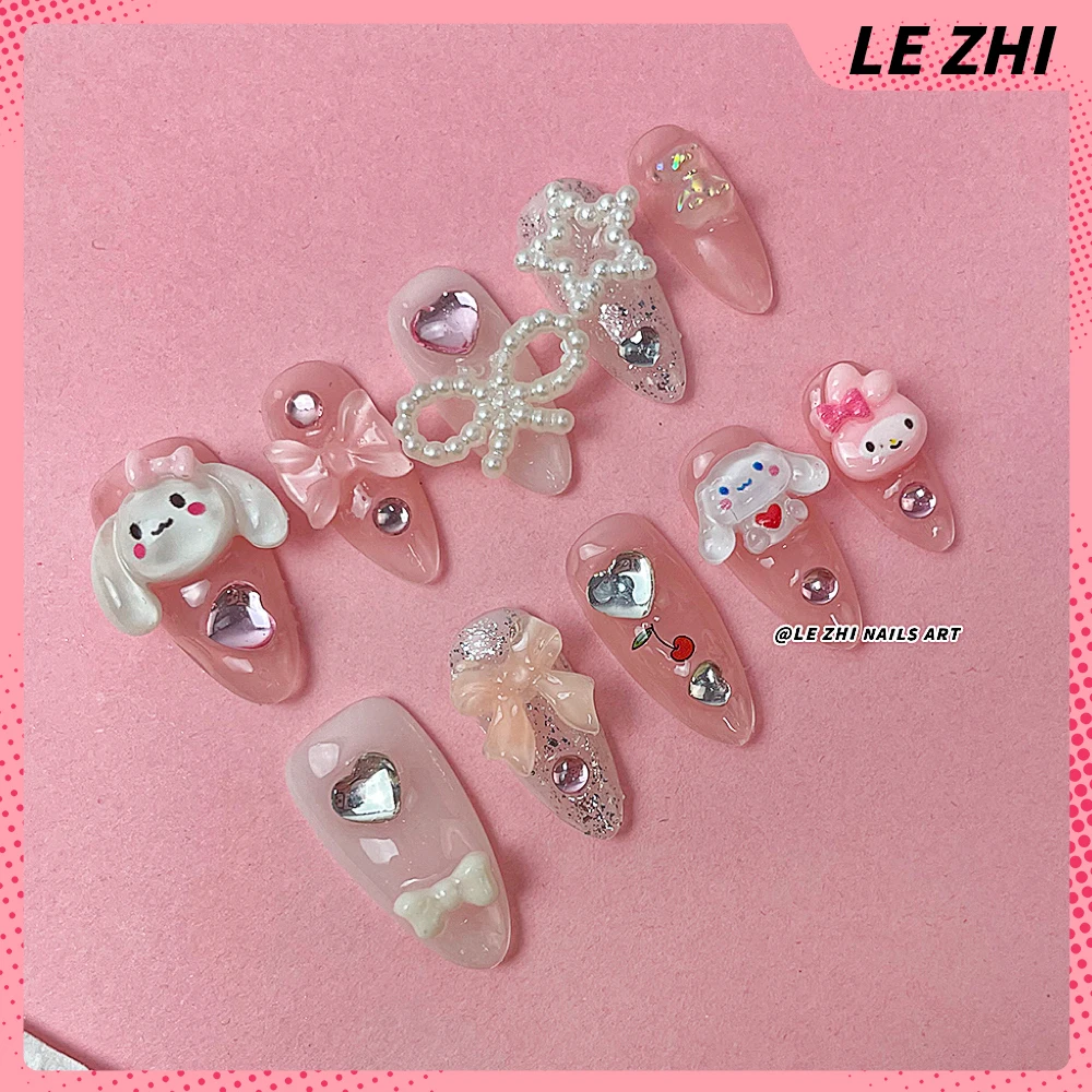 Kawaii Cinnamoroll Mymelody Almond Press on Nail Art Translucent Pink White Short Pearl Bow Diamond Manicure Girl Sweet Gift